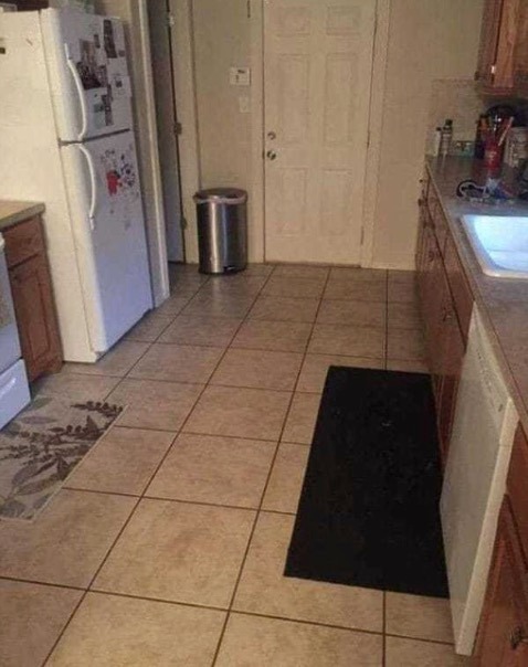 This kitchen is where the big dog is hiding. Can you find it? This kitchen is where the big dog is hiding. Can you find it?