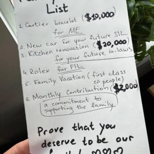 My Future MIL Handed Me a List of Gifts I ‘Owed’ Her to Be Accepted into the Family