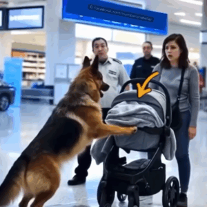 The service shepherd DOG LUNGED at the baby stroller in the airport