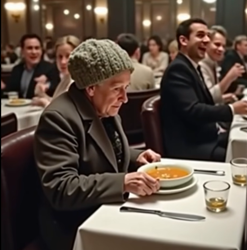 When an old woman wearing shabby clothes entered an upscale restaurant