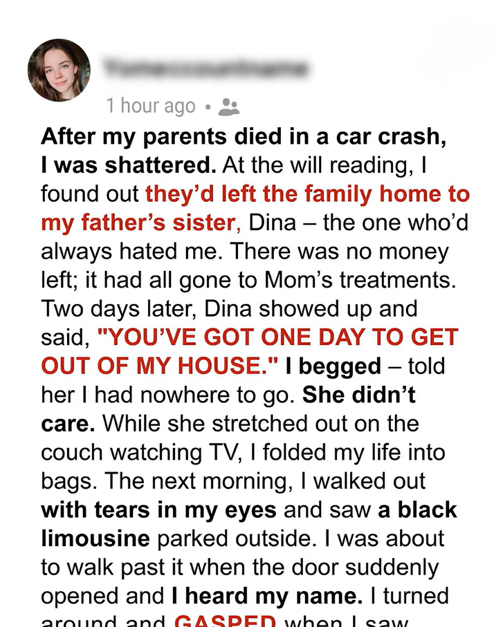 My Aunt Took My Family Home After My Parents Passed — Then a Black Limo Changed Everything